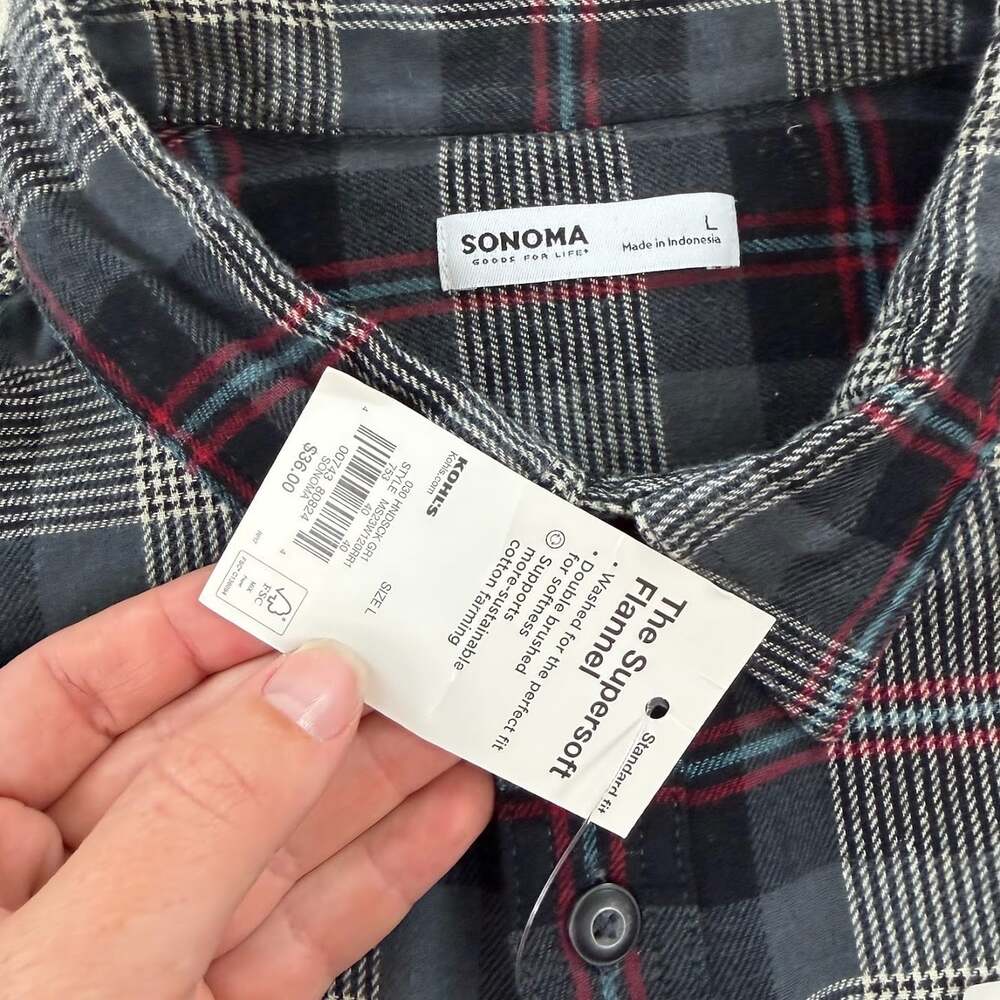NWT Sonoma Grey Plaid Flannel Button Down Shirt Size Large - Picture 5 of 6